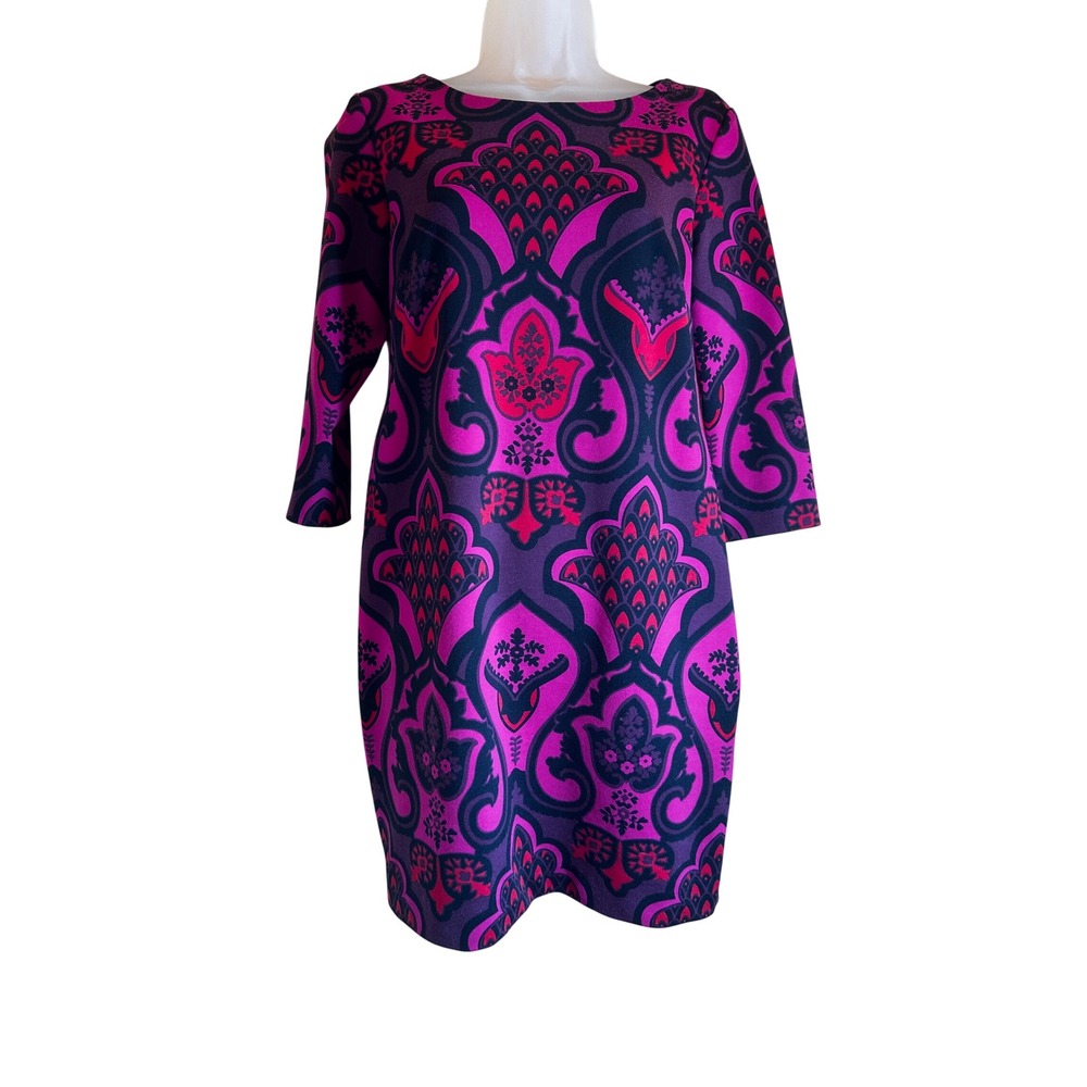 Just Taylor Petite Damask Print Sheath Dress Pink Purple 3/4 Sleeve 8P